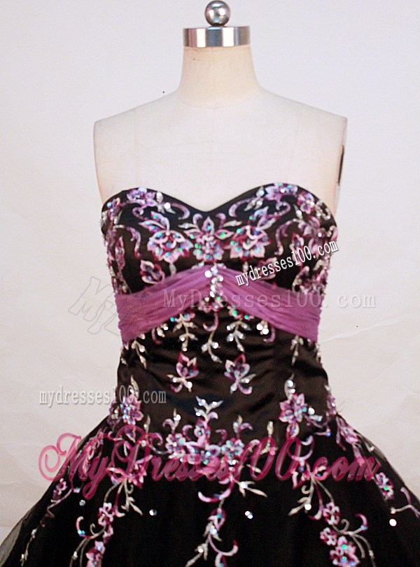 Black Ball Gown with Pink Appliques Sweetheart Quinceanera Dress